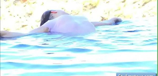  Amazing natural busty teen amateur Fiona takes a swim in her pool and play with her nipples